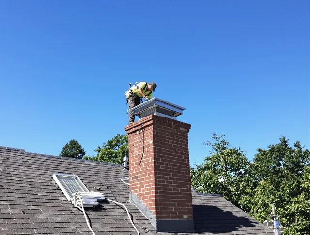 Lakeville Chimney Sweep technician measuring a chimney cap in Lakeville, MA