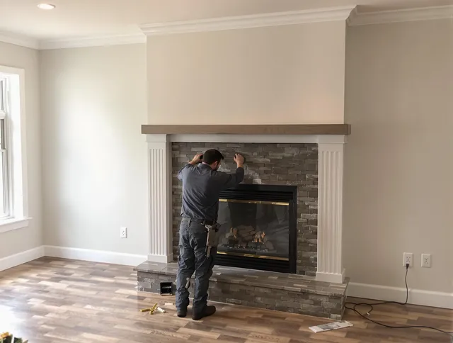 Lakeville Chimney Sweep finishing a custom fireplace install in Lakeville, MA